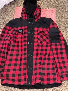 CAT Red & Black Plaid Lightweight Hooded Shirt Jacket